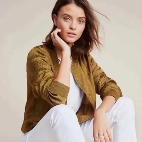 Maeve Jackets & Blazers - Maeve By Anthropologie Bomber Jacket Womens Sz S Green Gold Leopard Slinky Zip